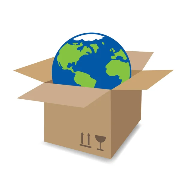 Cardboard Box Earth Globe Isolated White Background — Stock Vector