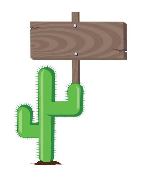 Grüner Kaktus Mit Hölzernem Verkehrszeichen Isoliert Auf Weißem Hintergrund — Stockvektor