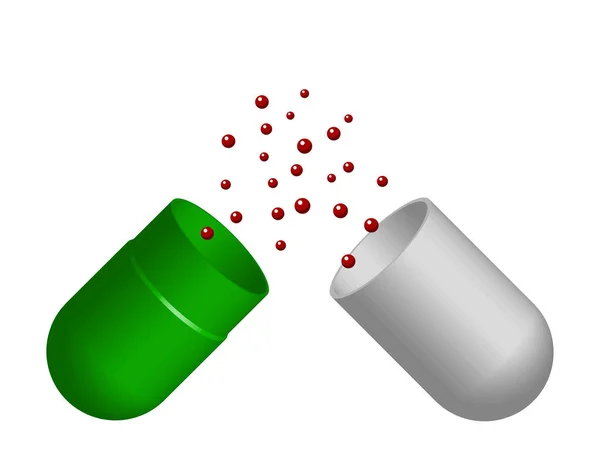 Geöffnete Weiße Und Grüne Kapselpille Mit Roten Bestandteilen — Stockvektor