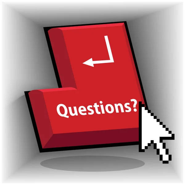 質問テキストと矢印付きの赤いコンピュータボタン — ストックベクタ