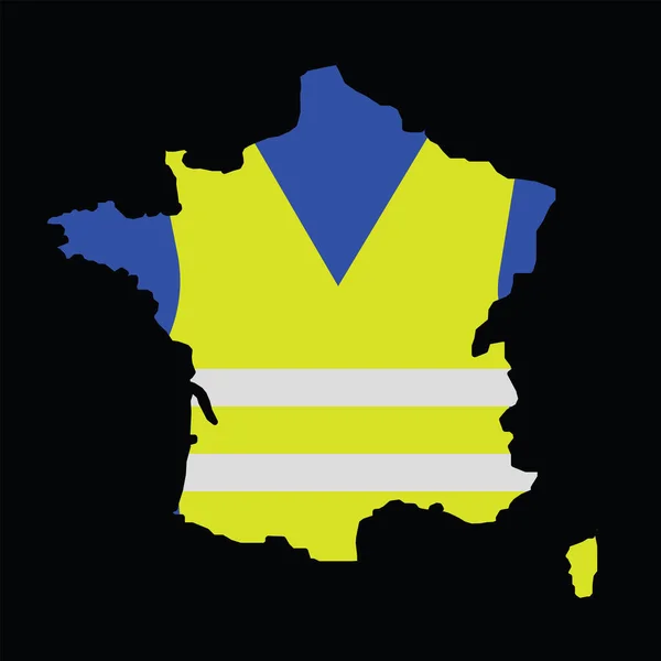 Mapa Azul Francia Con Chaleco Amarillo Sobre Fondo Negro — Vector de stock