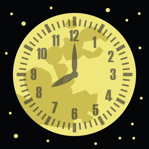 Yellow Full Moon Clock Stars Black Background — Stock Vector