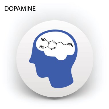 Dopamin kavramı, beyni olan insan kafası, mavi simge veya düğme, vektör illüstrasyonu 