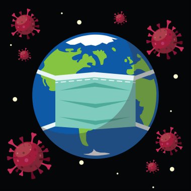 Coronavirus, covid-19, Dünya gezegeni maske takıyor, vektör illüstrasyonu 