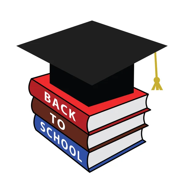 Επιστροφή Στο Σχολείο Πολύχρωμα Βιβλία Στοίβα Μεταπτυχιακό Καπάκι Διανυσματική Απεικόνιση — Διανυσματικό Αρχείο