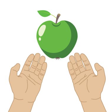 Eller ve yeşil elma, vektör illüstrasyonu 