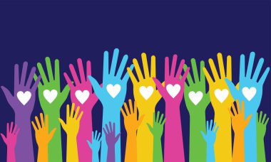 Avuç içi, arka plan konsepti, vektör illüstrasyonunda kalbi olan renkli eller