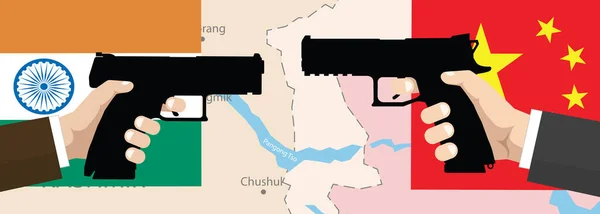 中国对印度 两把手枪对向对方 人民手握手枪 矢量图解 — 图库矢量图片