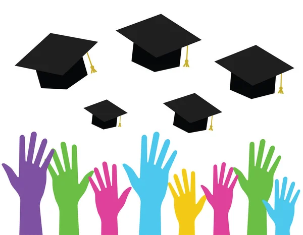 Έννοια Αποφοίτησης Πολύχρωμα Χέρια Πτυχιούχος Καλύμματα Διανυσματική Απεικόνιση — Διανυσματικό Αρχείο