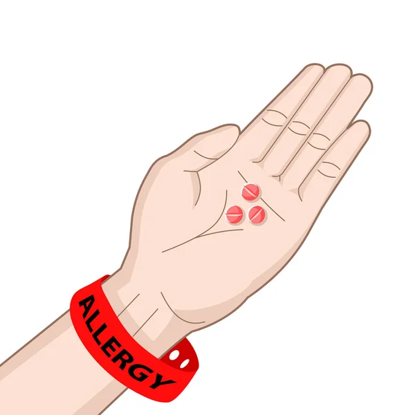 Rode Polsband Allergie Handpalm Met Pillen Vectorillustratie — Stockvector
