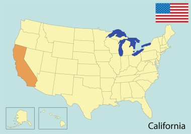 California, Amerika eyaletleri renkli harita, vektör illüstrasyonu 