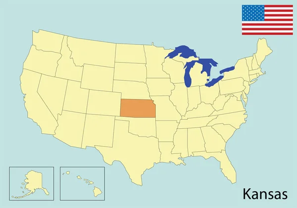 Usa Mappa Colori Bandiera Kansas — Vettoriale Stock