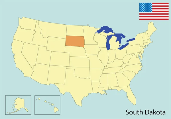 Usa Mappa Colori Bandiera Sud Dakota — Vettoriale Stock