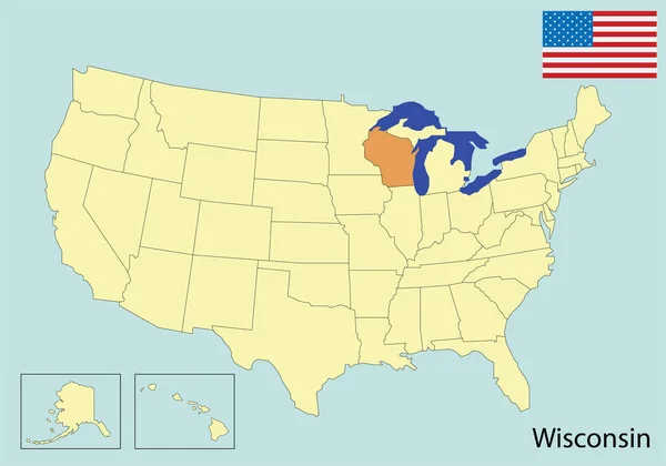 Usa Mappa Colori Bandiera Wisconsin — Vettoriale Stock