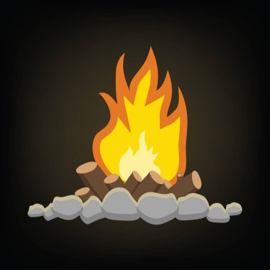 şenlik ateşi ya da kamp ateşi, siyah arka planda, vektör illüstrasyonu