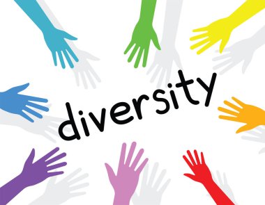 çeşitlilik kavramı, eller farklı renklerde, vektör illüstrasyonu