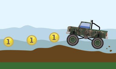 Bozuk para toplamak, canavar kamyonlar toprak yolda zıplamak, çizgi film, vektör illüstrasyonu