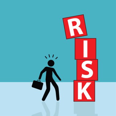 Risk kavramı, iş adamı, kırmızı küplerle kelime riski, vektör illüstrasyonu