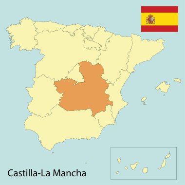 Castilla la la mancha, özerk topluluklarla İspanya haritası, vektör illüstrasyonu