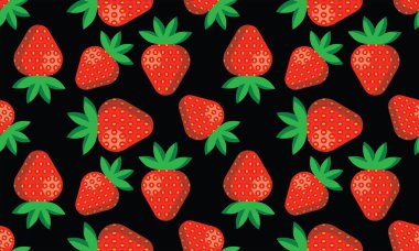 çilek aromalı dikişsiz desen, kırmızı böğürtlen, siyah arkaplan, vektör çizimi