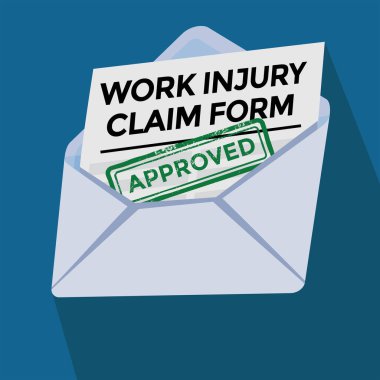 approved, work injury claim form in envelope, vector illustration 