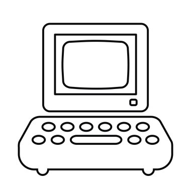 bilgisayar vintage, lineer, siyah ve beyaz, vektör illüstrasyonu 