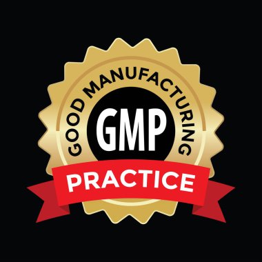 İyi üretim uygulaması, GMP, altın mühür boş, kırmızı kurdele, vektör illüstrasyonu 