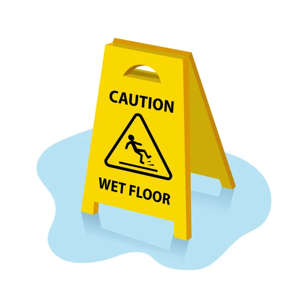 Wet Floor Caution Board Puddle White Background — Stock Vector