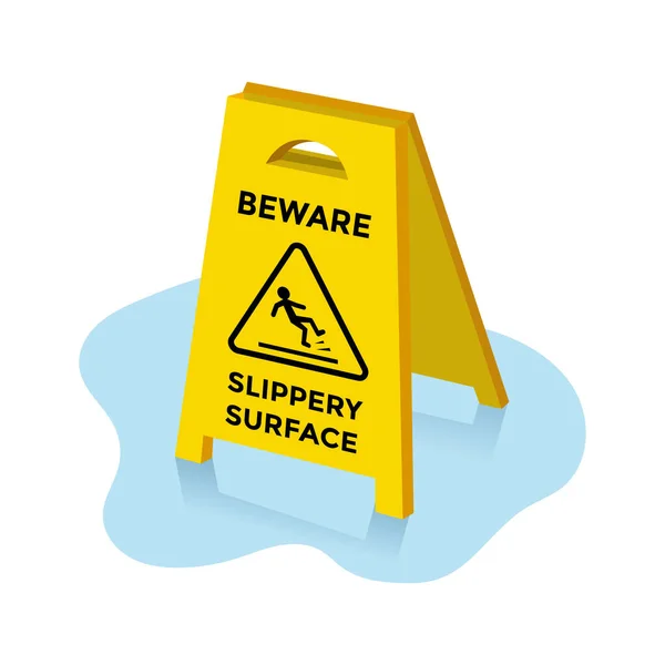 Beware Slippery Surface Board Puddle White Background — Stock Vector