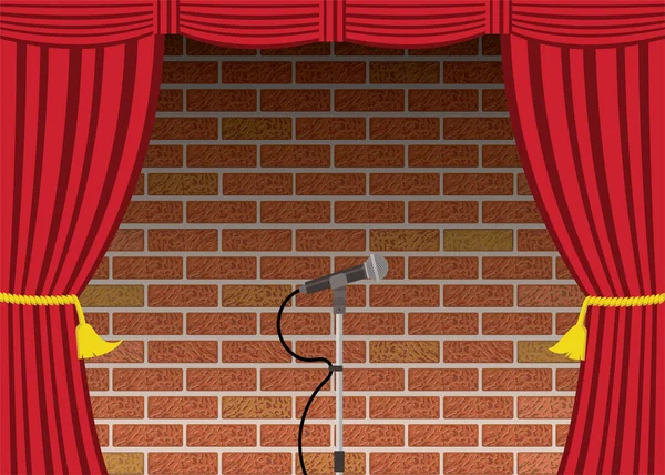 Открытый Микрофон Сцене Кирпичная Стена Красные Шторы Стоковый вектор