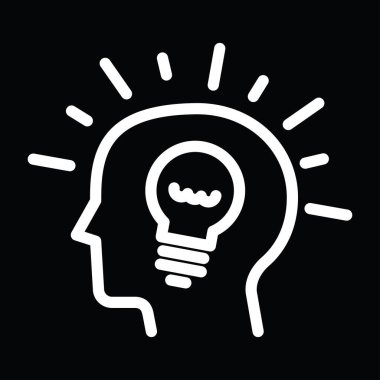 Fikir, ampul, insan kafası simgesi, doğrusal, vektör illüstrasyonu 