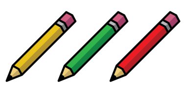 Kalem simgesi seti, sarı, yeşil adn kırmızı renk, vektör illüstrasyonu 