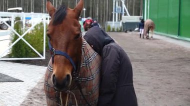 Kapüşonlu Yorgun Kız Koşumlu Kahverengi At Karşısında Dinleniyor