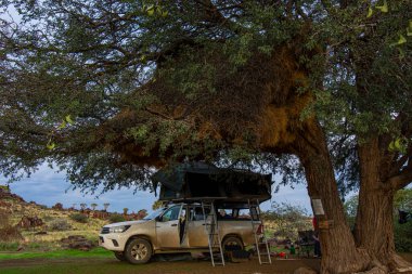 Namibya kampı, kamyonet 4x4 'ün çatısında bir çadır.