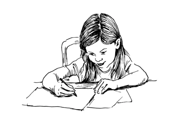 Hand Sketch Little Schoolgirl Vector Illustration — Stock Vector