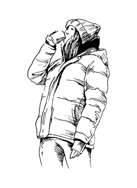 Ręczny Szkic Kobiety Pijącej Gorący Napój Zimą Ilustracja Wektora — Wektor stockowy
