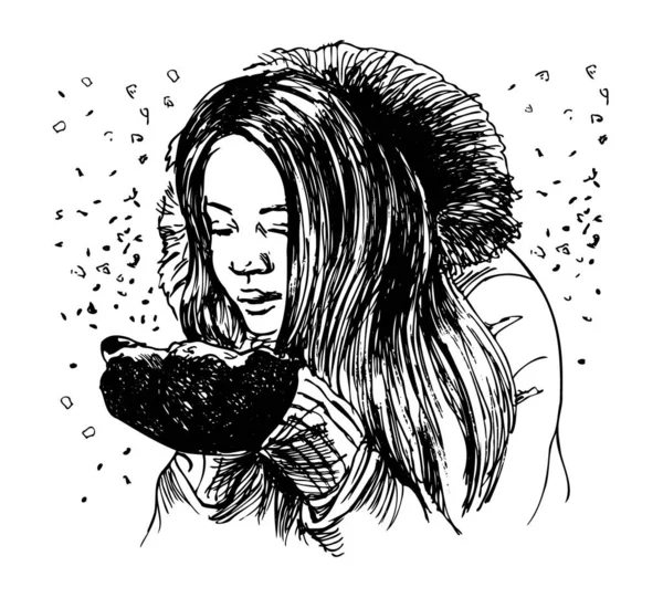 Schizzo Mano Una Donna Con Neve Sulle Mani Illustrazione Vettoriale — Vettoriale Stock