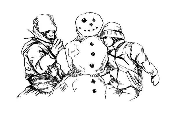 雪だるまを作る子供たちの手描きスケッチ ベクターイラスト — ストックベクタ