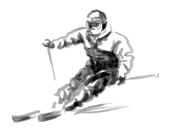 Handpinselskizze Eines Skifahrers Vektorillustration — Stockvektor