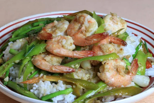 Stir-Fried Prawns with Bell Peppers on Rice, Fast Food, Ready to Eat