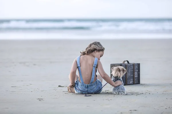 Back view of girl in denim overall shorts petting small Yorkshire Terrier dog while sitting on sand near suitcase on Famara Beach in Lanzarote, Spain