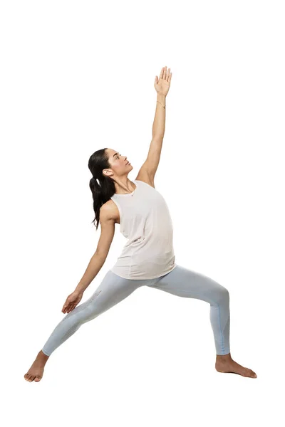 Ung Kvinna Gör Stretching Övningar Innan Tränar Yoga Vit Bakgrund — Stockfoto