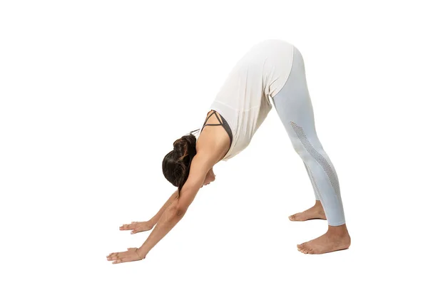 Woman Doing Yoga Downward Facing Dog Position Adho Mukha Svanasana — Stock Photo, Image