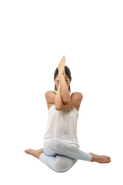 Gomukhasana Koeiengezicht Houding Jonge Vrouw Oefenen Yoga Een Witte Achtergrond — Stockfoto