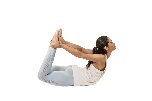 Kvinna Som Gör Yoga Dhanurasana Eller Isolerad Båge Hållning Vit — Stockfoto