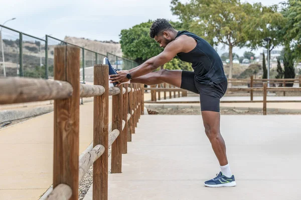 Full body side view of strong African American athlete putting leg on wooden fence and doing toe reach exercise during fitness workout