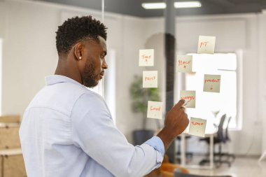 A person is actively engaged in brainstorming, writing ideas on sticky notes and organizing them on a glass wall. clipart