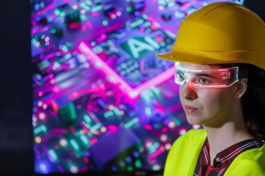Parlak sarı güvenlik teçhizatı ve gelişmiş akıllı gözlük takan kadın bir mühendis renkli bir devre kartının önünde güvenle duruyor..
