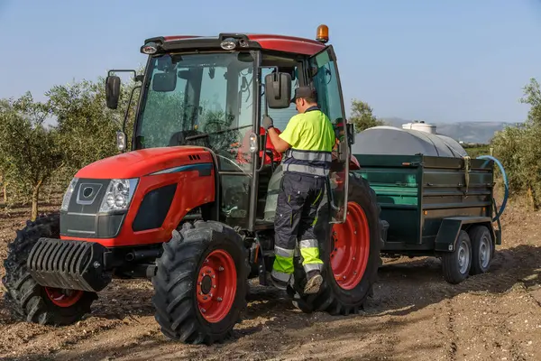 Yüksek görüşlü iş kıyafetleri giymiş bir traktör operatörü zeytin bahçesinde bir göreve hazırlanıyor..