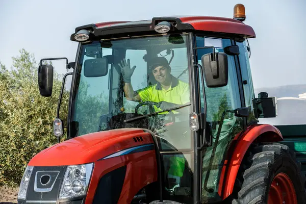 Gülümseyen bir çiftçi, parlak güneş ışığında bir zeytin korusunda çalışırken kırmızı bir traktörün içinden el sallıyor. Etrafı yemyeşil ağaçlarla çevrili olan manzara, çiftlik hayatının özünü yakalıyor..